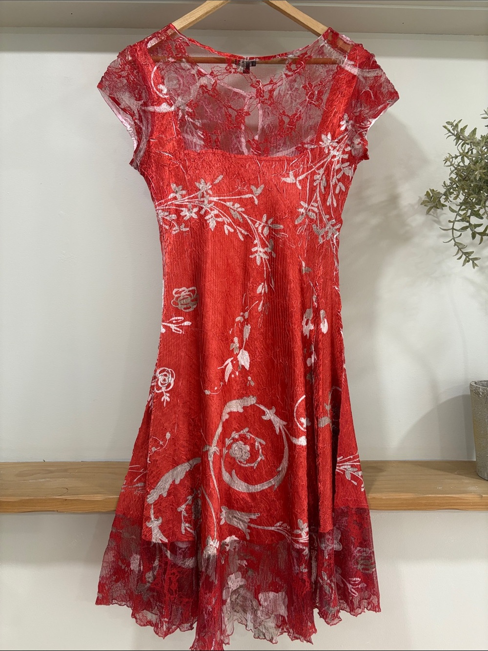 Komarov Red and White Asymmetrical Lace Floral Dress